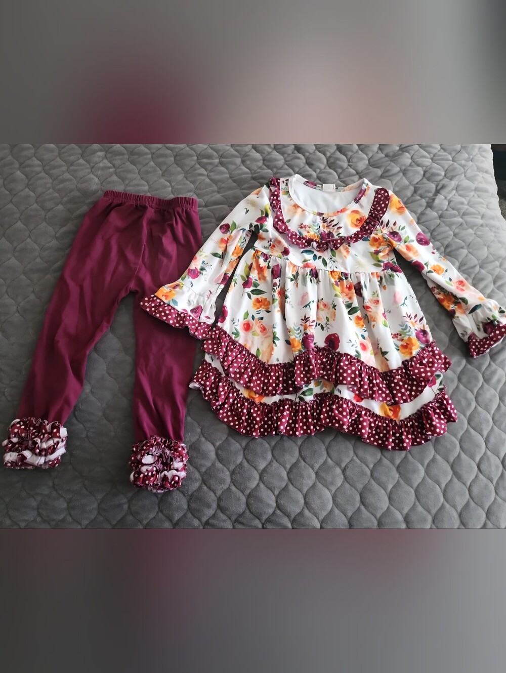 Girls' Floral Ruffle Matching Set in Burgundy and White - Brand